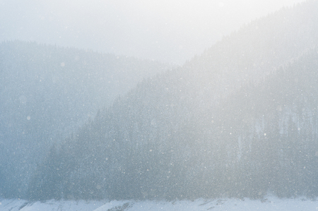 Heavy snowfall, blizzard in the mountains. Bright scene with falling snowflakesの写真素材