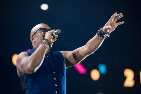 CLUJ NAPOCA, ROMANIA - NOVEMBER 19, 2017: One of the 90s biggest disco musicians, Haddaway performing live on the stage at We Love Retro partyのeditorial素材