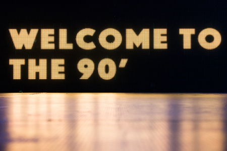 CLUJ NAPOCA, ROMANIA - NOVEMBER 19, 2017: Led screen showing the welcoming text on the stage Welcome to the 90' at We Love Retro Partyのeditorial素材