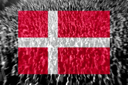Crowd of football, soccer fans with raised arms with blending Denmark flagの写真素材