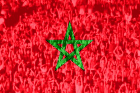 Crowd of football, soccer fans with raised arms with blending Morocco flagの写真素材