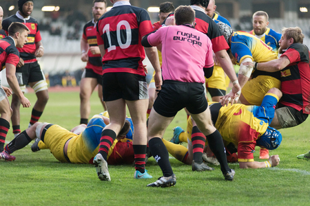 CLUJ NAPOCA, ROMANIA - FEBRUARY 10, 2018: The National Rugby Team of Romania playing against Germany during a Rugby World Cup Qualifiers match in Cluj Arenaのeditorial素材
