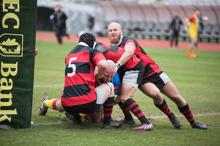 CLUJ NAPOCA, ROMANIA - FEBRUARY 10, 2018: The National Rugby Team of Romania playing against Germany during a Rugby World Cup Qualifiers match in Cluj Arenaのeditorial素材