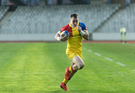CLUJ NAPOCA, ROMANIA - FEBRUARY 10, 2018: The National Rugby Team of Romania playing against Germany during a Rugby World Cup Qualifiers match in Cluj Arenaのeditorial素材