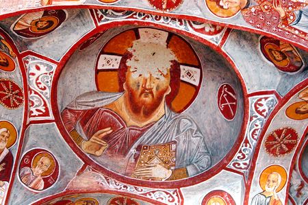 Fresco on the dome ceiling. Early Christian Byzantine fresco - Cappadocia, Central Anatolia, Turkeyのeditorial素材