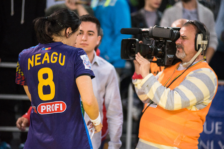 CLUJ NAPOCA,ROMANIA - MARCH 25, 2018: Handball player Cristina Neagu answering questions during a interview after a match against Russia. She is considered the best player in the worldのeditorial素材