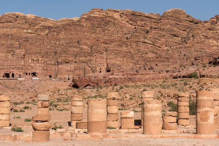 Ancient columns on the Colonnaded street in Petra archaeological park, Jordanの写真素材