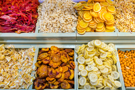 Assortment of dried fruits in Mahane Yehuda market, Jerusalemの写真素材
