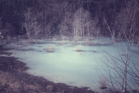 Pollution of a lake with contaminated water from a copper mine. Geamana, Romaniaの写真素材