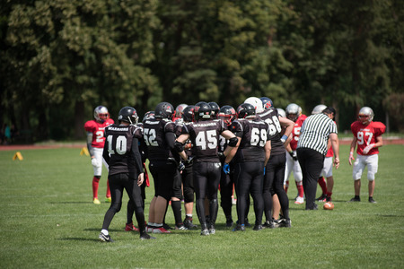 CLUJ, ROMANIA - JUNE 17, 2018: American Football team Cluj Crusaders playing the semi final match...