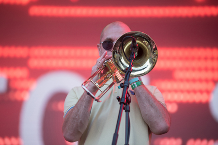 BONTIDA, ROMANIA - JULY 20, 2018: British band Dub Pistols performs a live show on the Main Stage of Electric Castle Festivalのeditorial素材