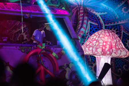 BONTIDA, ROMANIA - JULY 19, 2018: People clubbing at the Elrow, the biggest party concept in the Wolrd at Electric Castle festivalのeditorial素材