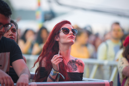 BONTIDA, ROMANIA - JULY 20, 2018: Crowd of cheerful fans dancing and singing during a Dub Pistols live concert at Electric Castle festivalのeditorial素材