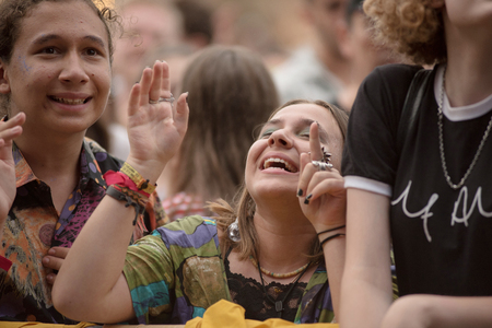 BONTIDA, ROMANIA - JULY, 19, 2018: Crowd of cheerful fans dancing and singing during a JP Cooper live concert at Electric Castle festivalのeditorial素材