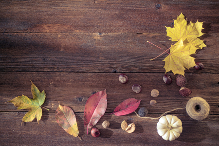 Autumn still life concept background. Fall leaves, harvest goodies on table top. Space for text, Thanksgiving postcardの写真素材