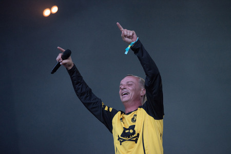 BONTIDA, ROMANIA - JULY 22, 2018: Bosnian rock band Dubioza Kolektiv playing a live concert during Electric Castle festivalのeditorial素材