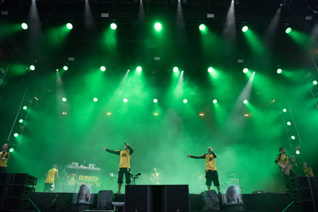 BONTIDA, ROMANIA - JULY 22, 2018: Bosnian rock band Dubioza Kolektiv playing a live concert during Electric Castle festivalのeditorial素材