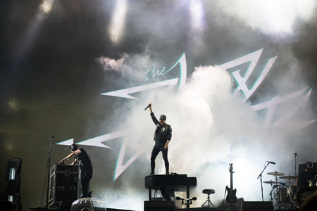 BONTIDA, ROMANIA - JULY 21, 2018: Italian electronic dance music and punk rock group, The Bloody Beetroots performing live at Electric Castle festivalのeditorial素材