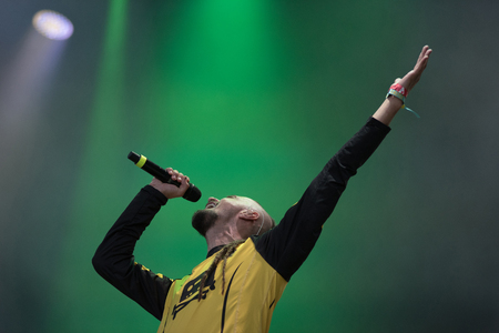 BONTIDA, ROMANIA - JULY 22, 2018: Bosnian rock band Dubioza Kolektiv playing a live concert during Electric Castle festivalのeditorial素材