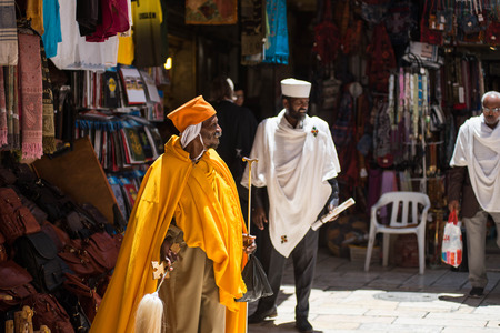 JERUSALEM, ISRAEL - MAY 15, 2018: Ethiopian Orthodox people selling their religious objects on the...