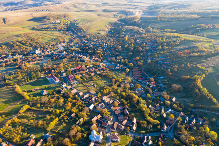 Aerial drone image of a village in Transylvania, Romaniaの写真素材