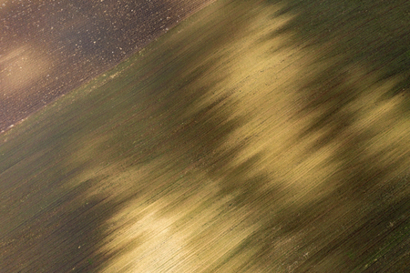 Aerial view of agricultural lands, natural pattern of plowed terrain, brown and yellow soil from a droneの写真素材