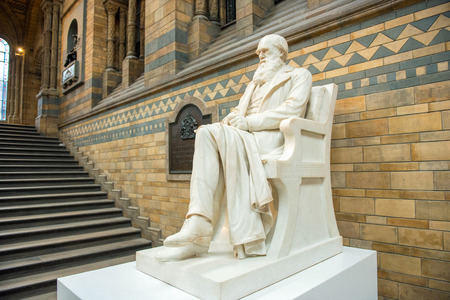 LONDON, UK - MARCH 22, 2019: The statue of Charles Darwin in Natural History Museum was unveiled in 1885 on the main staircase in Hintze Hallのeditorial素材