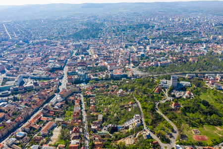 Aerial view of city buildings from a drone. Cluj Napoca, Transylvania, Romaniaの写真素材