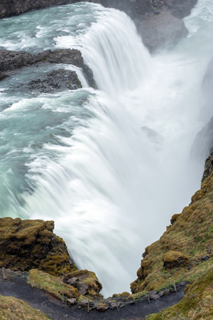 Gullfoss waterfall on the wide Hvita river in Icelandの写真素材