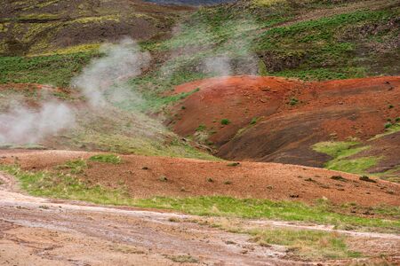 Geothermal active zone in Hveragerdi, Iceland with volcanic hot spring, fumarolaの写真素材