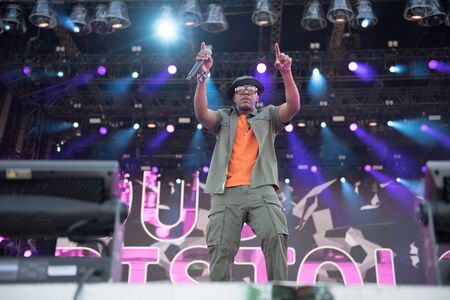 BONTIDA, ROMANIA - JULY 19, 2019: English electronic music group Dub Pistols performing a live concert on the Main Stage of Electgric Castle festivalのeditorial素材