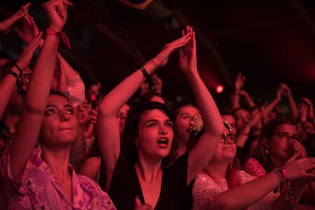 BONTIDA, ROMANIA - JULY 19, 2019: Crowd of cheerful people dancing and partying during a Sofi Tukker concert at Electric Castle festivalのeditorial素材
