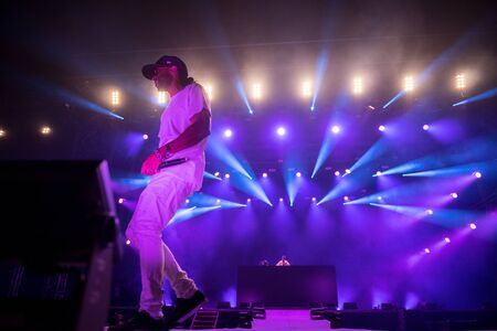 BONTIDA, ROMANIA - JULY 19, 2019: British drum and bass DJ band Sigma mixing live on the stage during a concert at Electric Castle festivalのeditorial素材