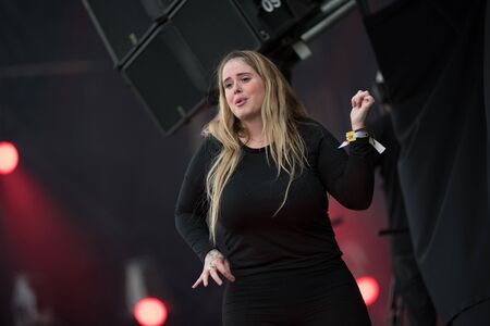 BONTIDA, ROMANIA - JULY 18, 2019: Sign language interpreter translating a song for persons with hearing impediment at Electric Castle festivalのeditorial素材