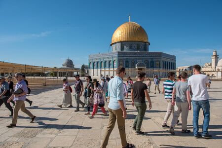 JERUSALEM, ISRAEL - MAY 16, 2018: Non muslim tourists visiting the Dome of the Rock Islamic Shrine...