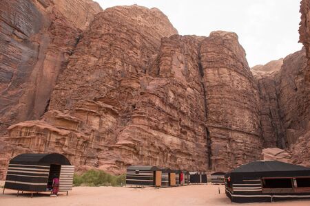 Camp with bedouin tents in Wadi Rum desert, Jordanの写真素材