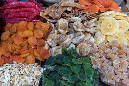 Assorted dried fruits and sweets in Israeli market, Jerusalemの写真素材