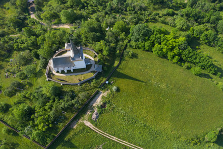 Aerial drone view of Valeni (Magyarvalko) Hungarian reformed church, Transylvania, Romaniaの写真素材