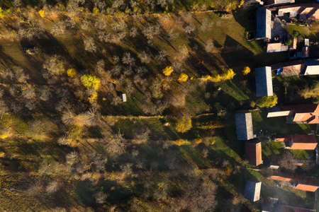 Aerial drone above view of village houses. Manastireni, Romaniaの写真素材