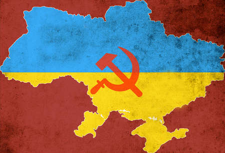 Map and flag of Ukraine with the symbol of Russia, USSR sickle and hammer. Ukraine under Russian assaultの写真素材