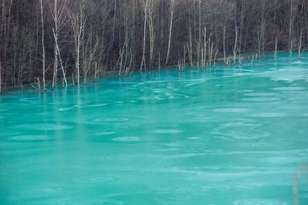Turquoise waste waters from a copper mine polluting the environment. Geamana decantation lake, Rosia Montana, Romaniaの写真素材