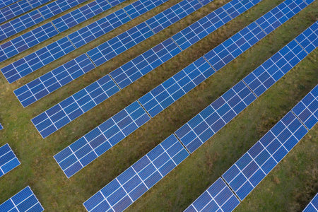 Solar panels aerial view. Solar energy modules, photovoltaic PV plant, alternative renewable energy systemの写真素材