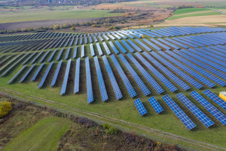 Solar panels aerial view. Solar energy modules, photovoltaic PV plant, alternative renewable energy...