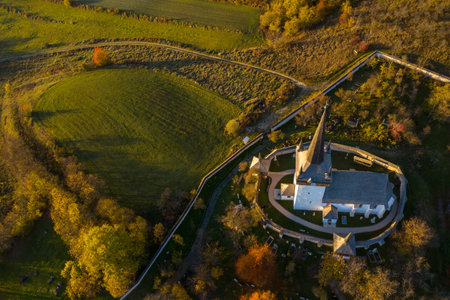 Aerial view of a protestant church. Valeni, Magyarvalko, Romaniaの写真素材