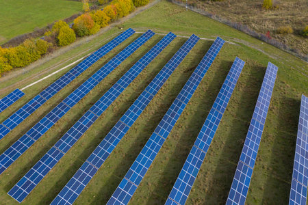 Solar panels aerial view. Solar energy modules, photovoltaic PV plant, alternative renewable energy...