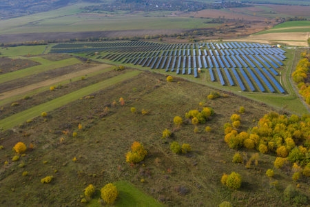 Solar panels aerial view. Solar energy modules, photovoltaic PV plant, alternative renewable energy systemの写真素材