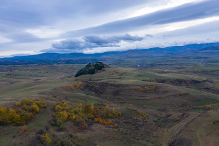 Aerial view of autumn countryside hillls, Transylvania, Romaniaの写真素材