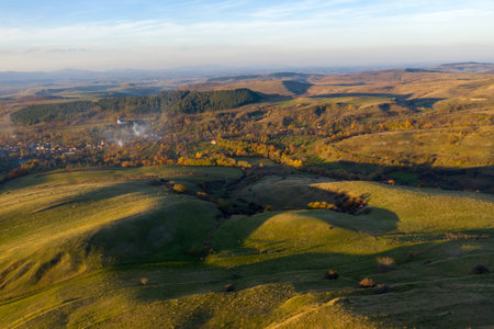 Aerial view of autumn countryside hillls, Transylvania, Romaniaの写真素材
