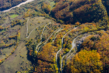 Aerial view of mountain winding serpentine road and colorful autumn forest by droneの写真素材