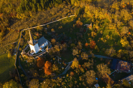 Aerial view of a protestant church. Valeni, Magyarvalko, Romaniaの写真素材